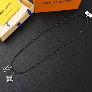 LV Floral Diamond Logo Chain Necklace Black Silver view 7