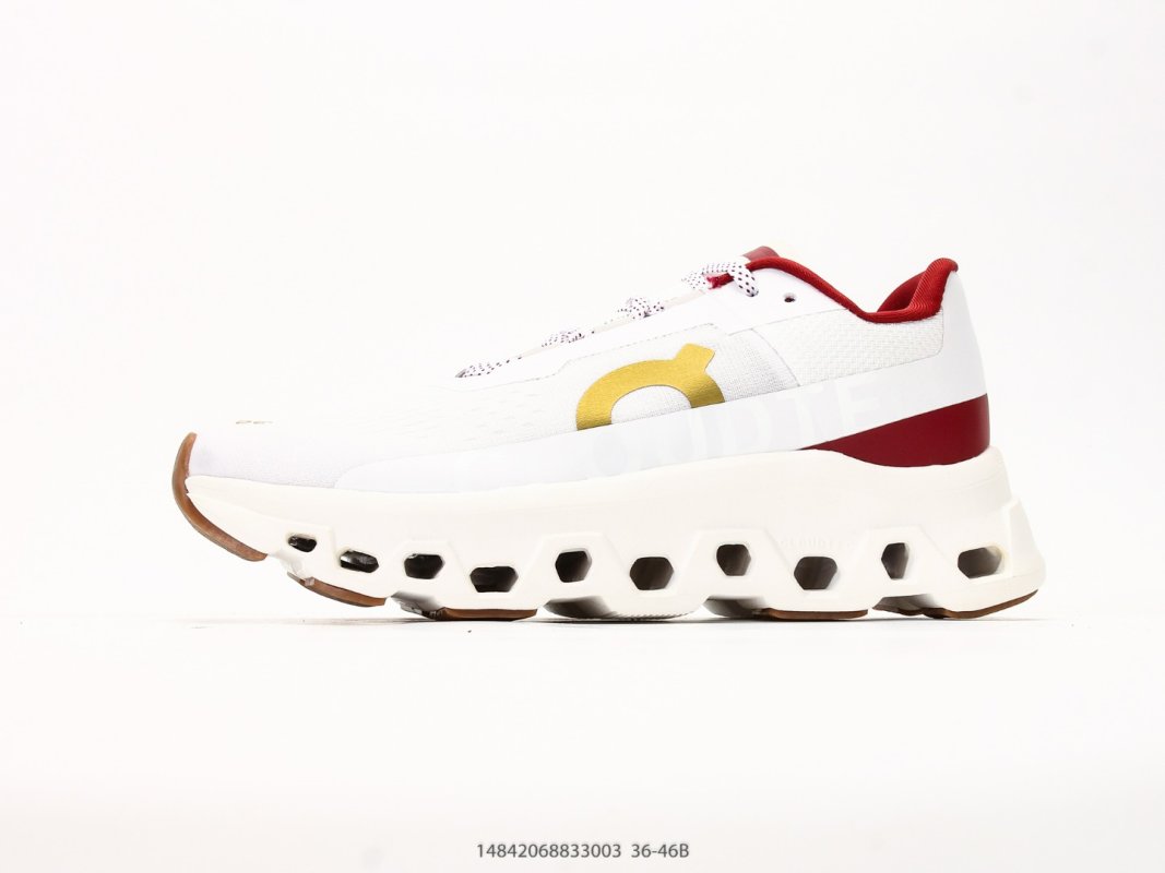 On Cloudmonster White Red Yellow Low-Top Running Shoe view