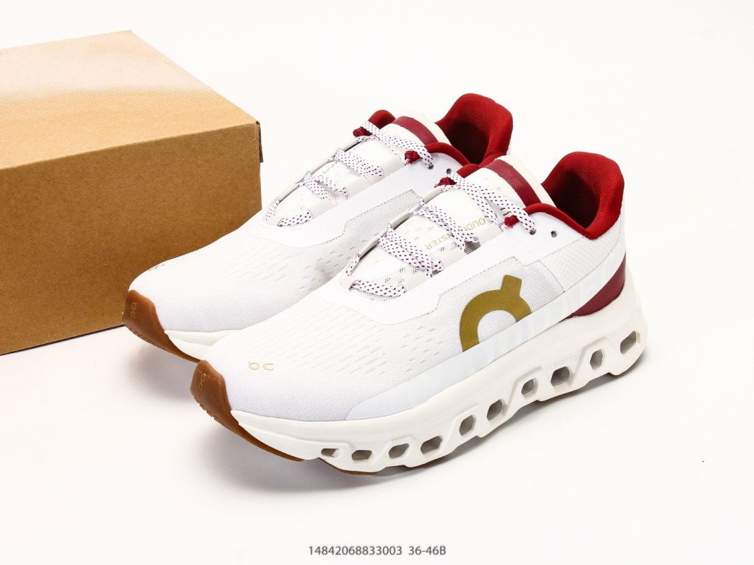 On Cloudmonster White Red Yellow Low-Top Running Shoe view