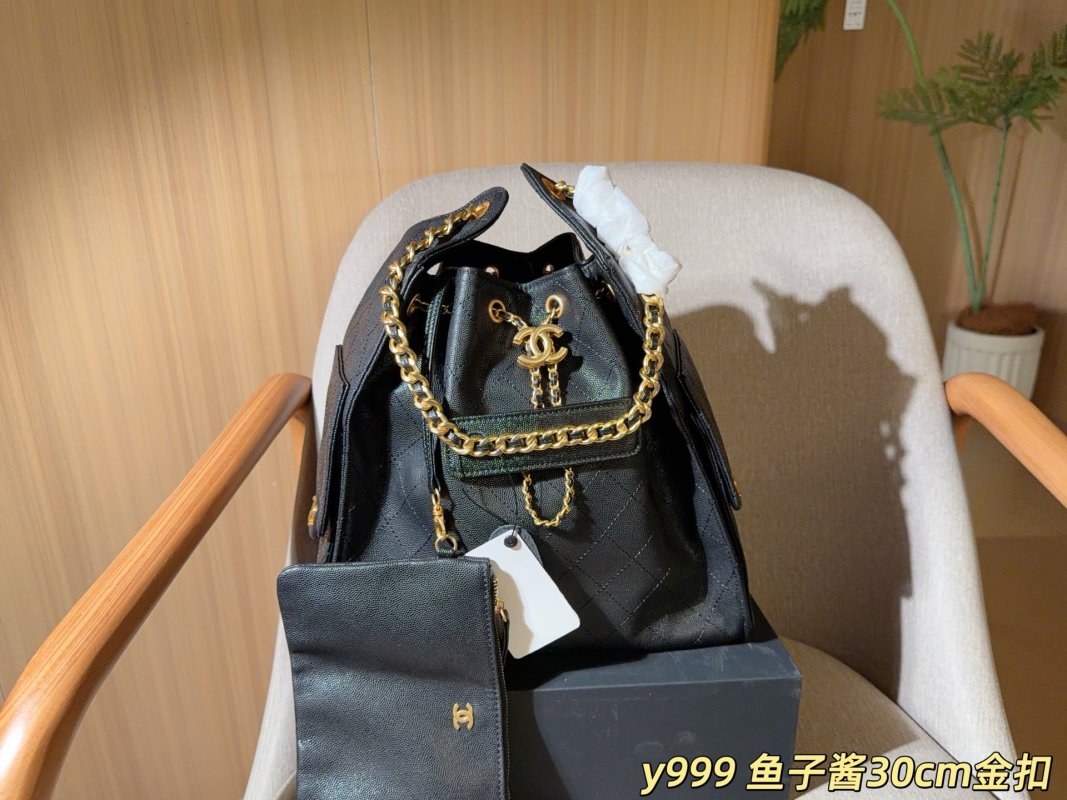 Chanel Classic Caviar Hobo Bucket Bag Black Gold Chain 30cm