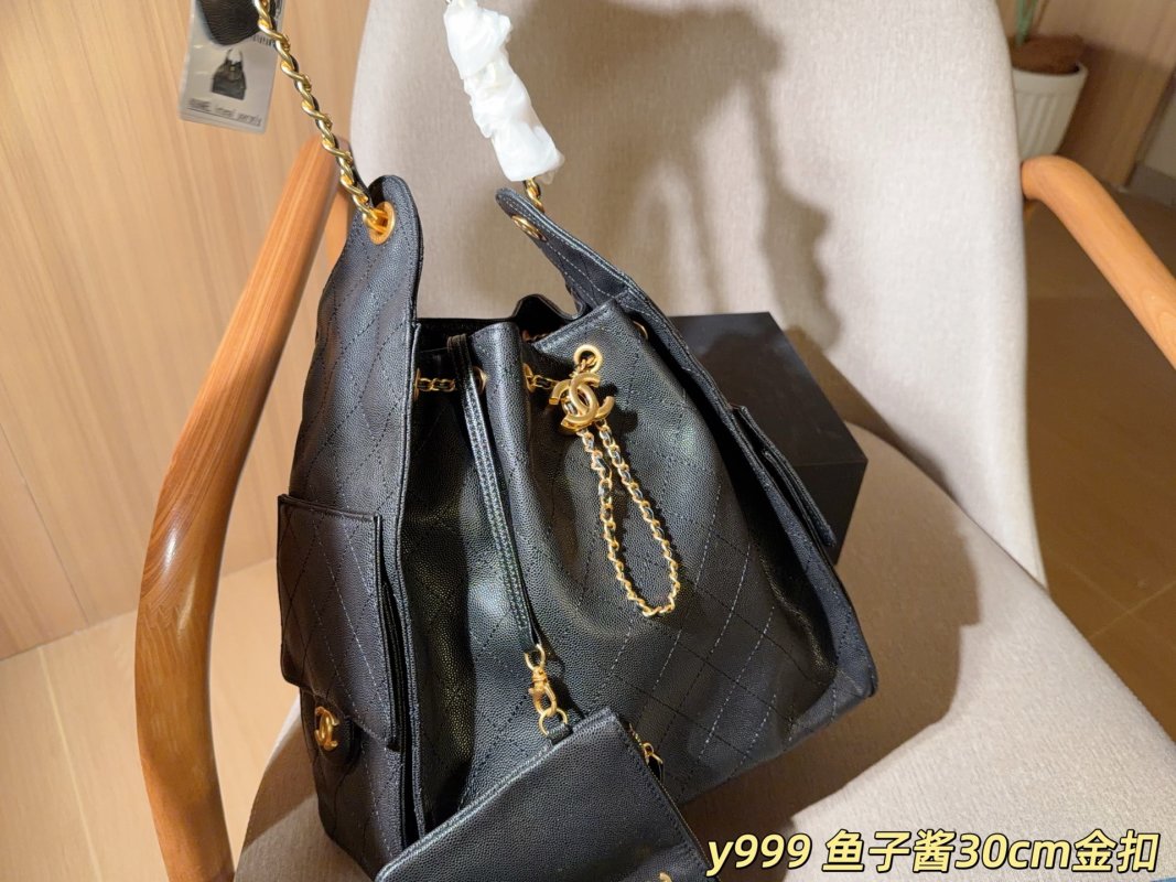 Chanel Classic Caviar Hobo Bucket Bag Black Gold Chain 30cm view