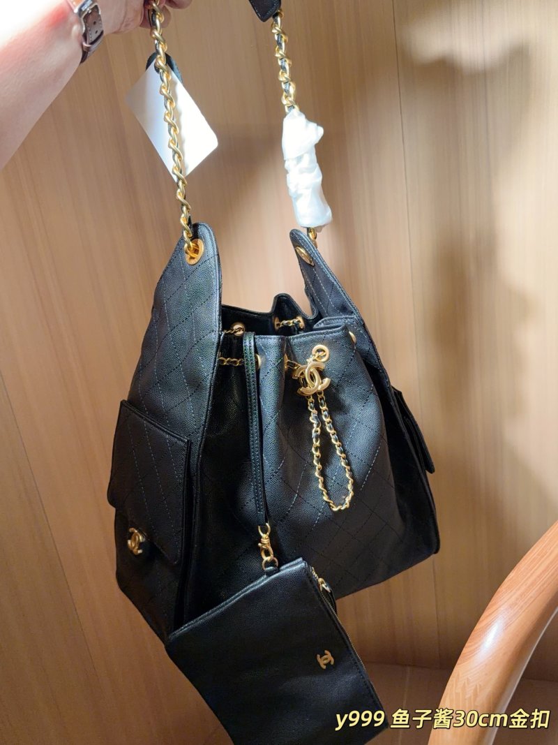 Chanel Classic Caviar Hobo Bucket Bag Black Gold Chain 30cm view