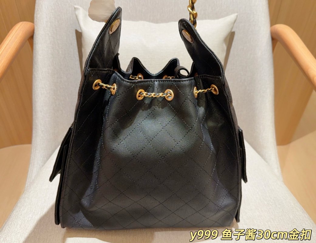 Chanel Classic Caviar Hobo Bucket Bag Black Gold Chain 30cm view