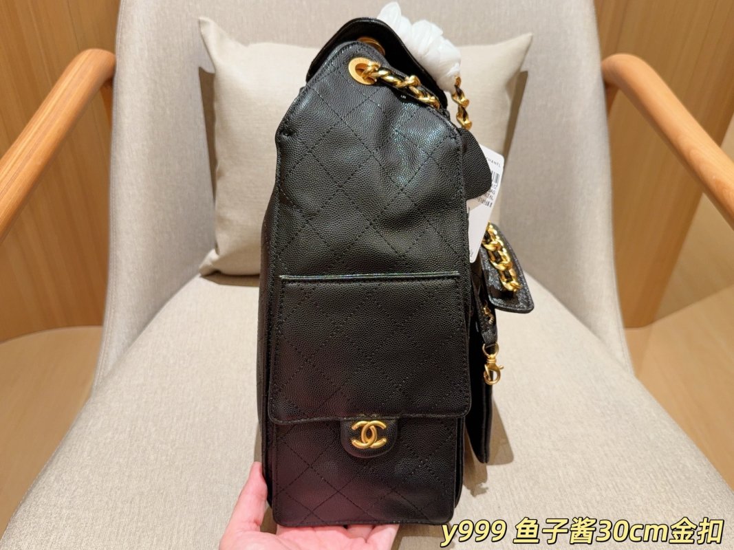 Chanel Classic Caviar Hobo Bucket Bag Black Gold Chain 30cm view