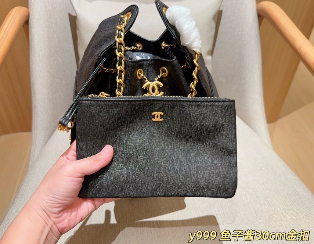 Chanel Classic Caviar Hobo Bucket Bag Black Gold Chain 30cm view