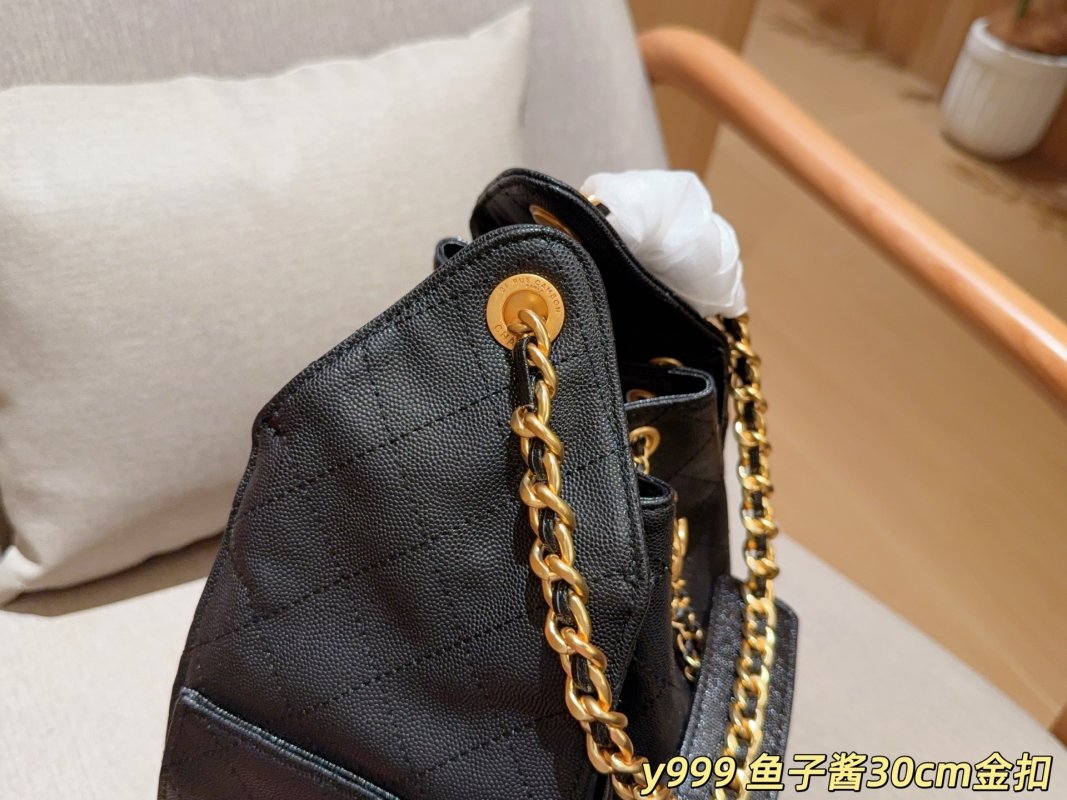 Chanel Classic Caviar Hobo Bucket Bag Black Gold Chain 30cm view