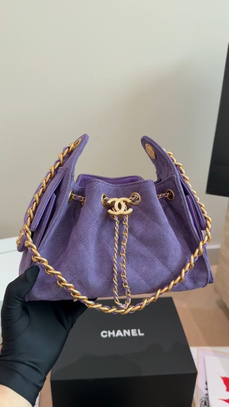 Chanel Purple Drawstring Bucket Bag Gold Chain UA Replica