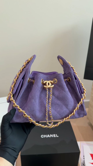 Chanel Purple Drawstring Bucket Bag Gold Chain UA Replica