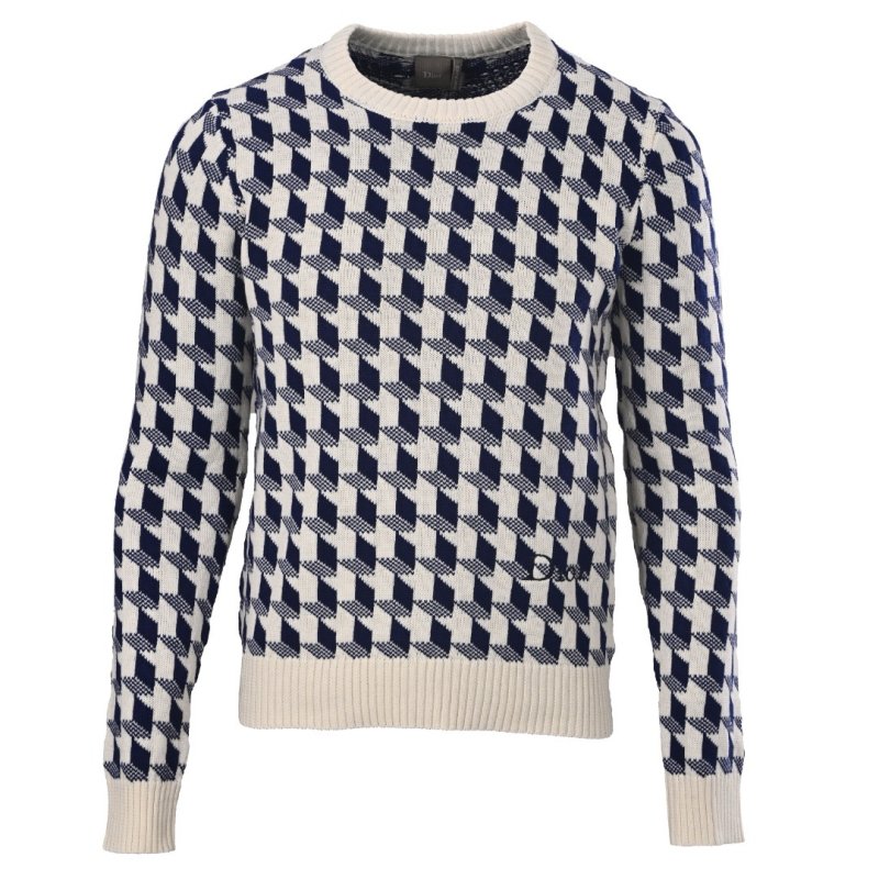 Dior CD Houndstooth Check Jacquard Wool Knit Sweater Navy Cream