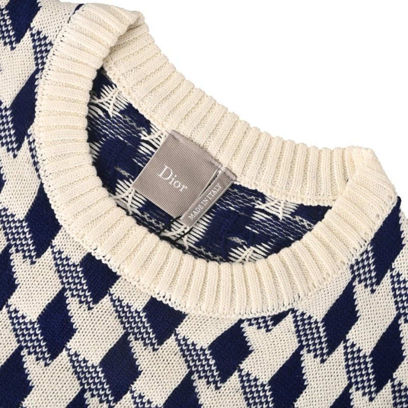 Dior CD Houndstooth Check Jacquard Wool Knit Sweater Navy Cream view