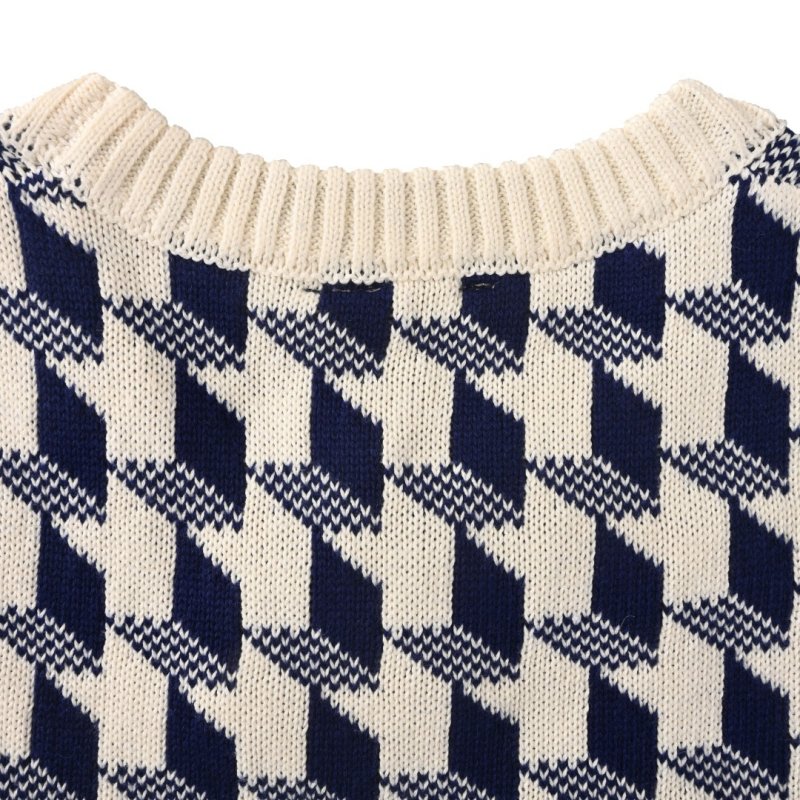 Dior CD Houndstooth Check Jacquard Wool Knit Sweater Navy Cream view