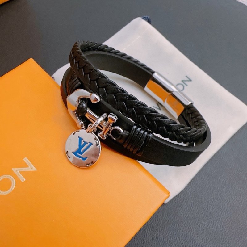 LV Black Leather Braided Bracelet with Charm - Adjustable 22cm