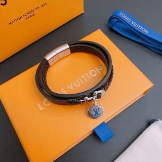 LV Black Leather Braided Bracelet with Charm - Adjustable 22cm view 3