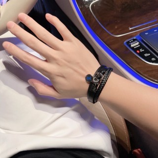 LV Black Leather Braided Bracelet with Charm - Adjustable 22cm view 4