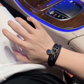 LV Black Leather Braided Bracelet with Charm - Adjustable 22cm view 9