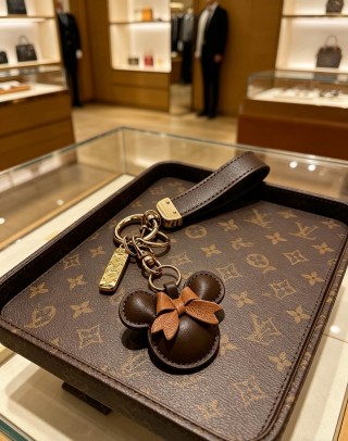 LV Monogram Leather Keychain Bag Charm Dark Brown Gold view 6