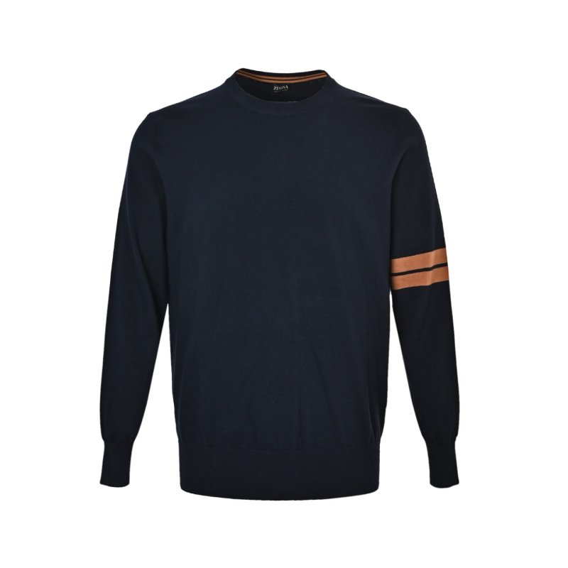 Zegna Sleeve Stripe Wool Knit Crew Neck Sweater Navy Orange
