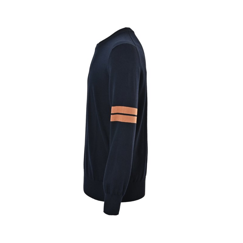 Zegna Sleeve Stripe Wool Knit Crew Neck Sweater Navy Orange view