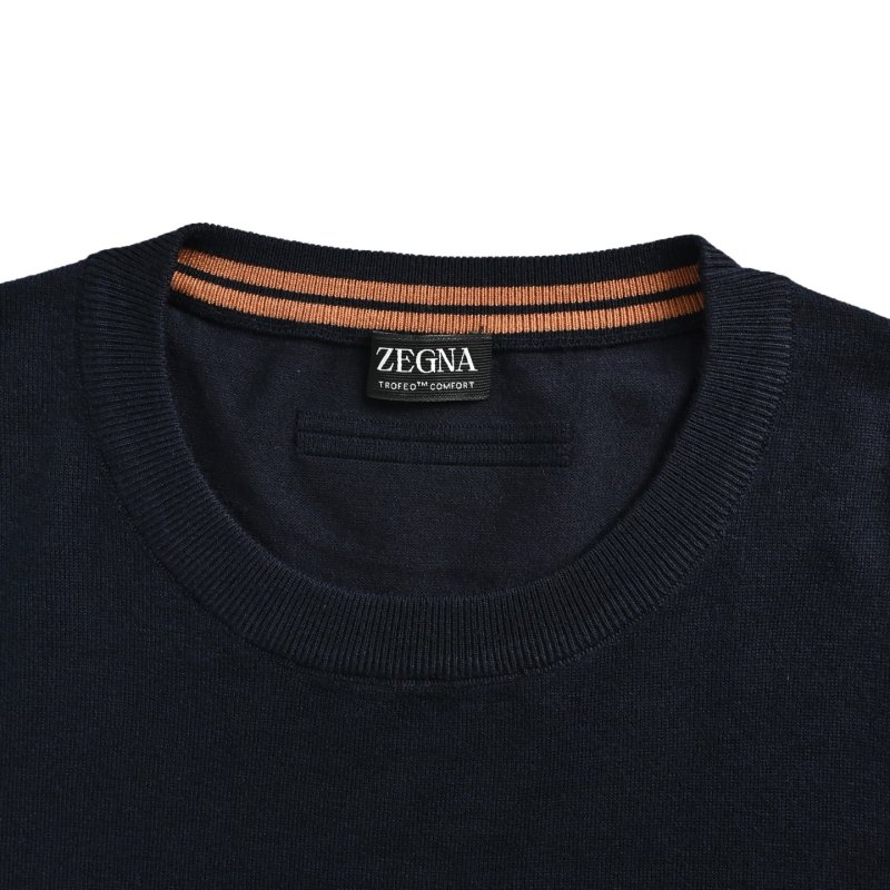 Zegna Sleeve Stripe Wool Knit Crew Neck Sweater Navy Orange view
