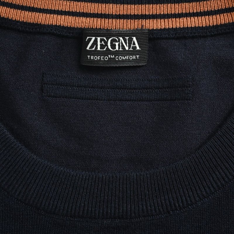 Zegna Sleeve Stripe Wool Knit Crew Neck Sweater Navy Orange view