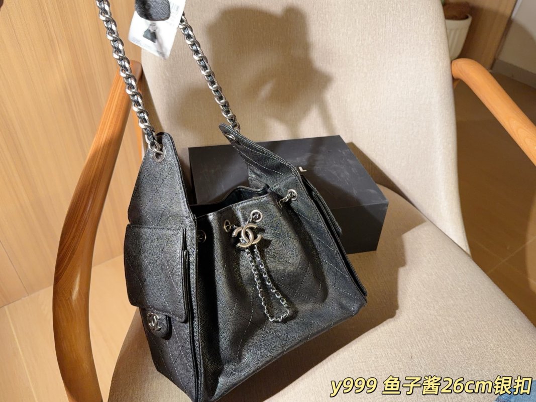 Chanel 25C Caviar Leather Hobo Bucket Bag Black view