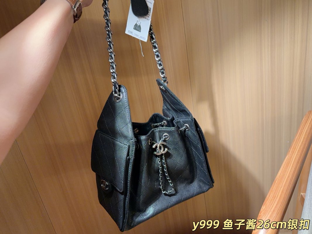 Chanel 25C Caviar Leather Hobo Bucket Bag Black view