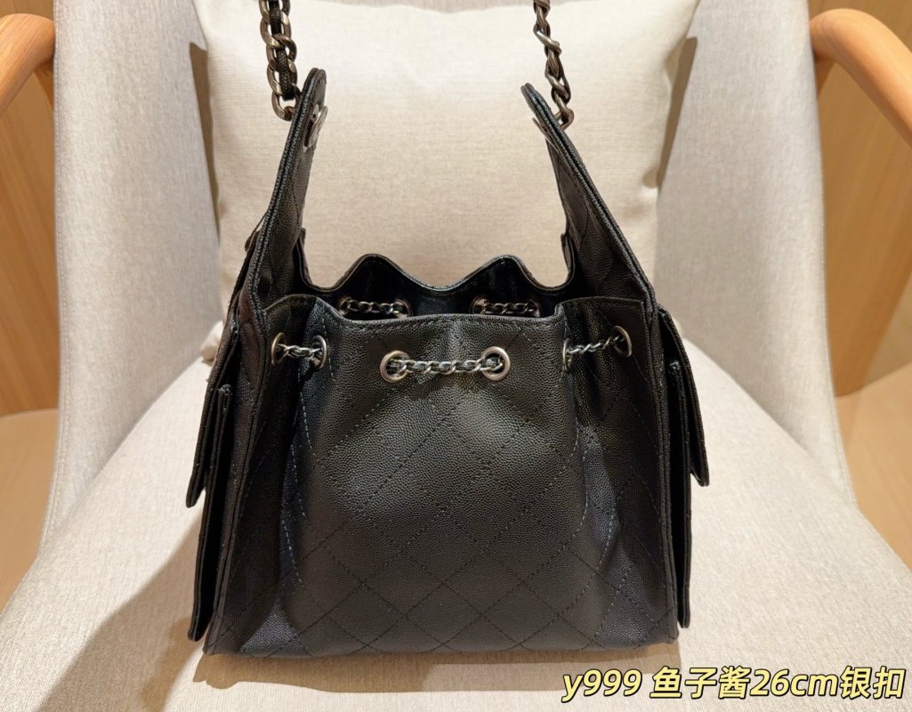 Chanel 25C Caviar Leather Hobo Bucket Bag Black view