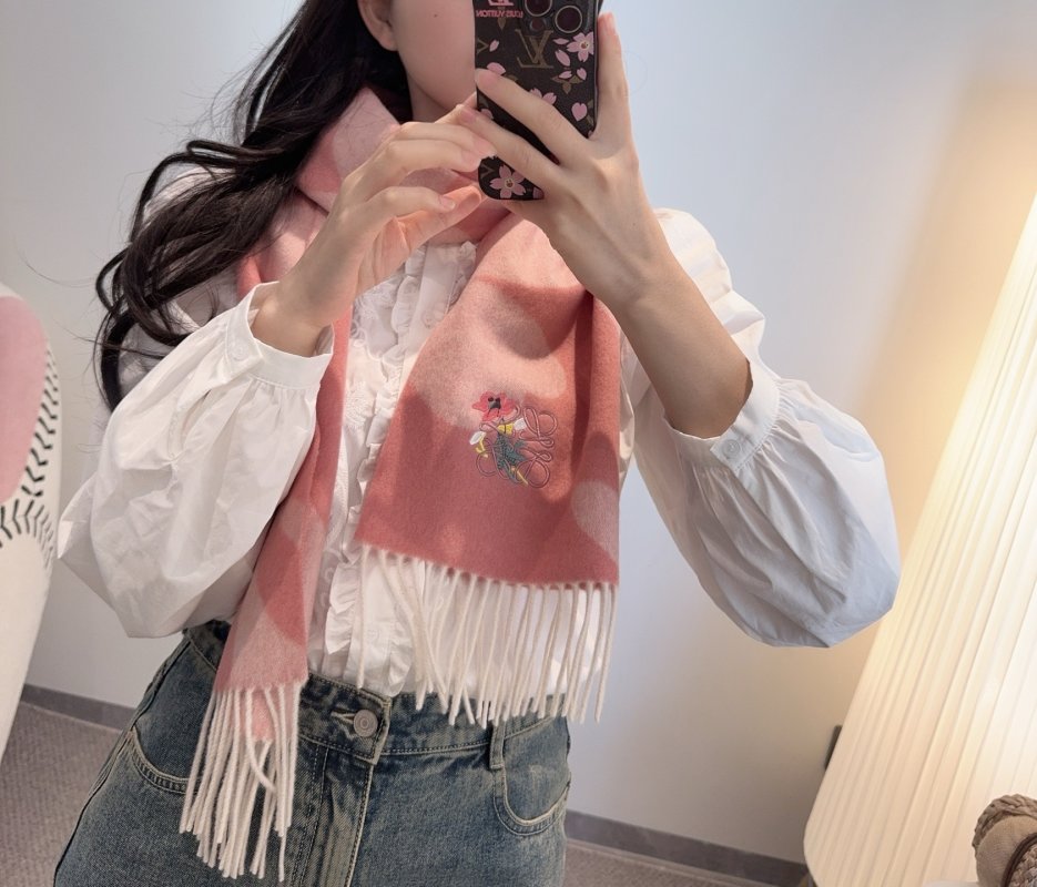 Loewe Anagram Reversible Cashmere Scarf Pink Cream