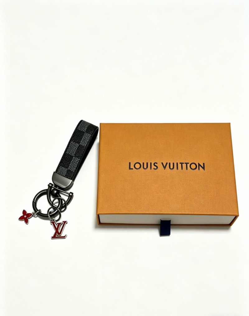 Louis Vuitton Damier Ebene Bag Charm Keychain with Red Enamel Butterfly