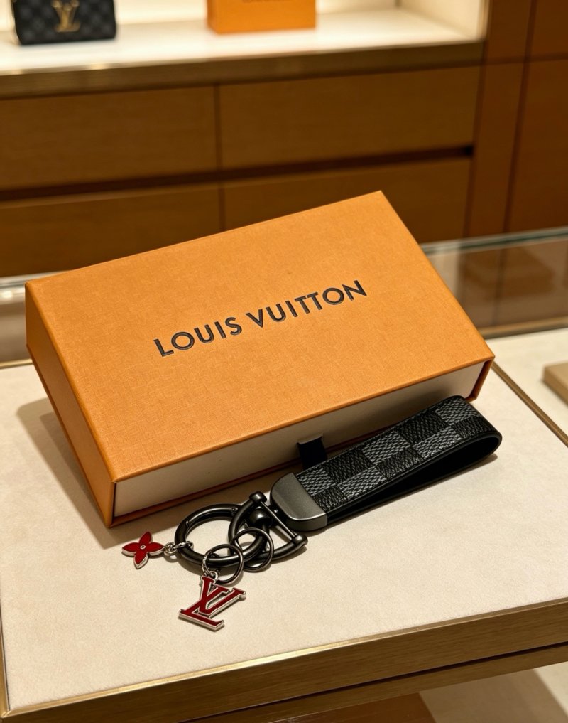 Louis Vuitton Damier Ebene Bag Charm Keychain with Red Enamel Butterfly view