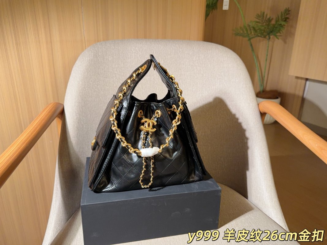 Chanel 25c Sheepskin Leather Hobo Bucket Bag Black Gold Chain