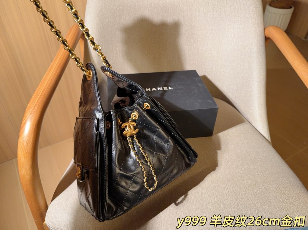 Chanel 25c Sheepskin Leather Hobo Bucket Bag Black Gold Chain view