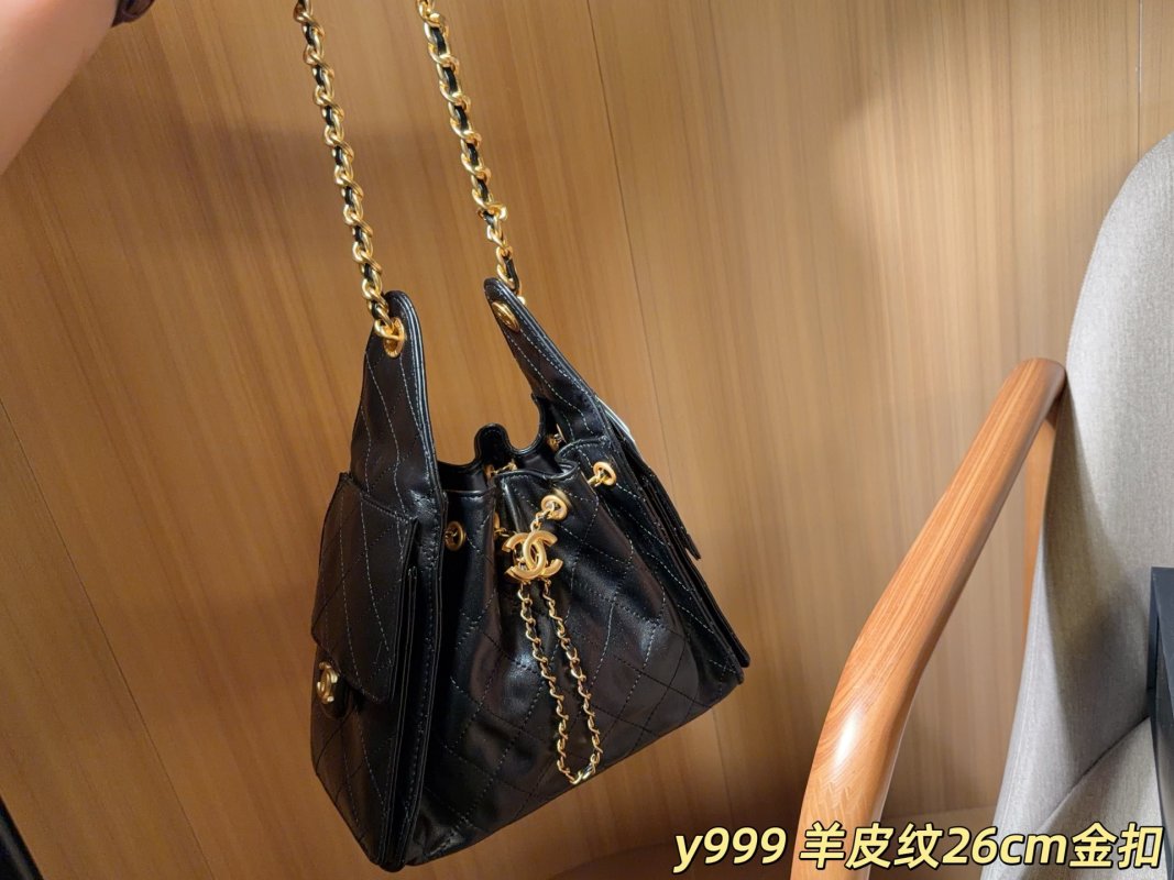 Chanel 25c Sheepskin Leather Hobo Bucket Bag Black Gold Chain view