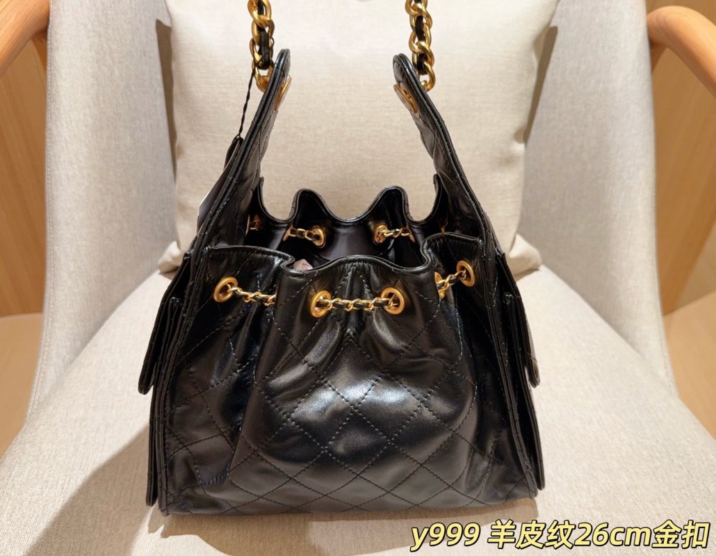 Chanel 25c Sheepskin Leather Hobo Bucket Bag Black Gold Chain view