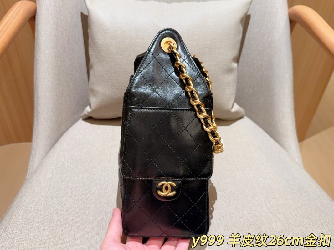Chanel 25c Sheepskin Leather Hobo Bucket Bag Black Gold Chain view