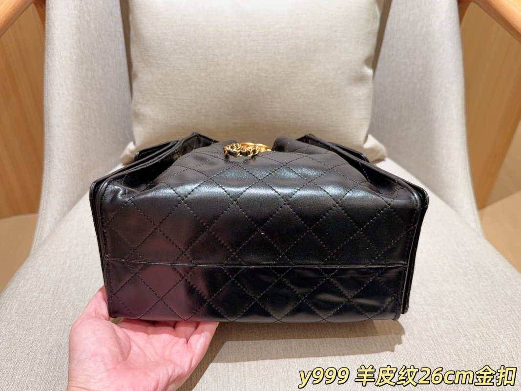 Chanel 25c Sheepskin Leather Hobo Bucket Bag Black Gold Chain view