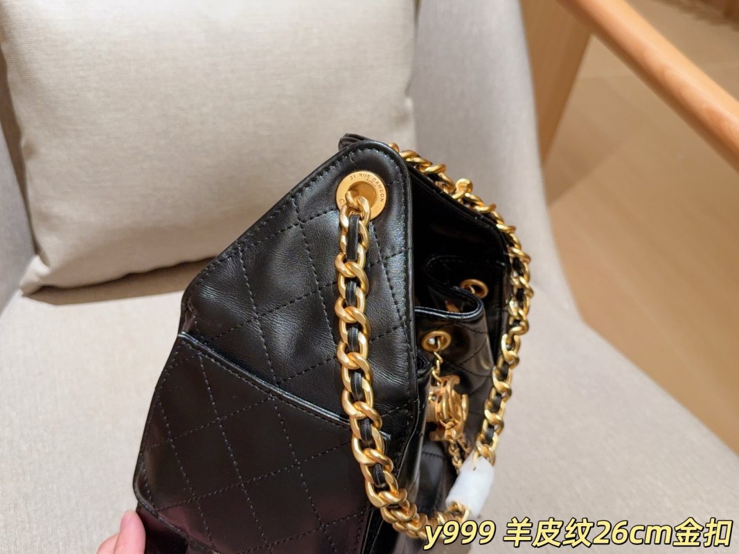 Chanel 25c Sheepskin Leather Hobo Bucket Bag Black Gold Chain view