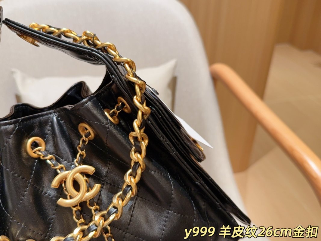 Chanel 25c Sheepskin Leather Hobo Bucket Bag Black Gold Chain view