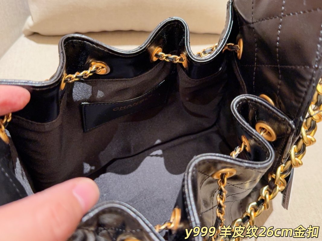 Chanel 25c Sheepskin Leather Hobo Bucket Bag Black Gold Chain view