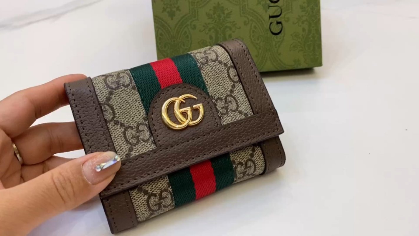 Gucci GG Marmont Compact Wallet - Brown Canvas Red Green Web