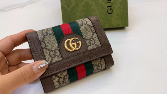 Gucci GG Marmont Compact Wallet - Brown Canvas Red Green Web
