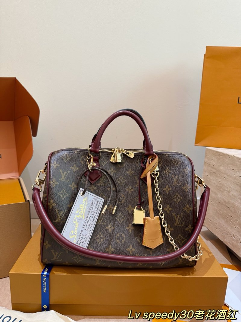 LV Speedy 30 Monogram Canvas Handbag - Burgundy Leather Trim