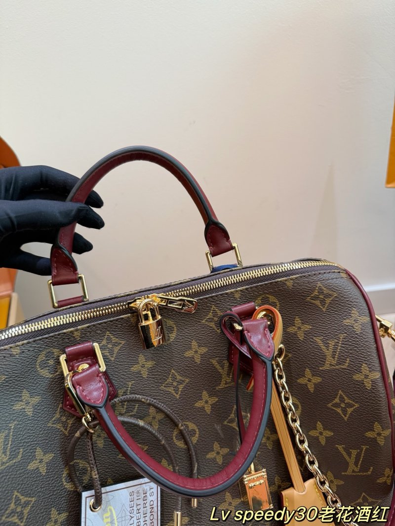 LV Speedy 30 Monogram Canvas Handbag - Burgundy Leather Trim view