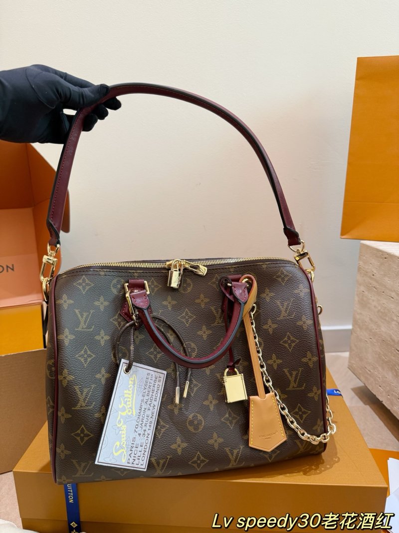 LV Speedy 30 Monogram Canvas Handbag - Burgundy Leather Trim view
