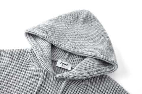 Celine Triomphe Embroidered Wool Hoodie Grey view 3