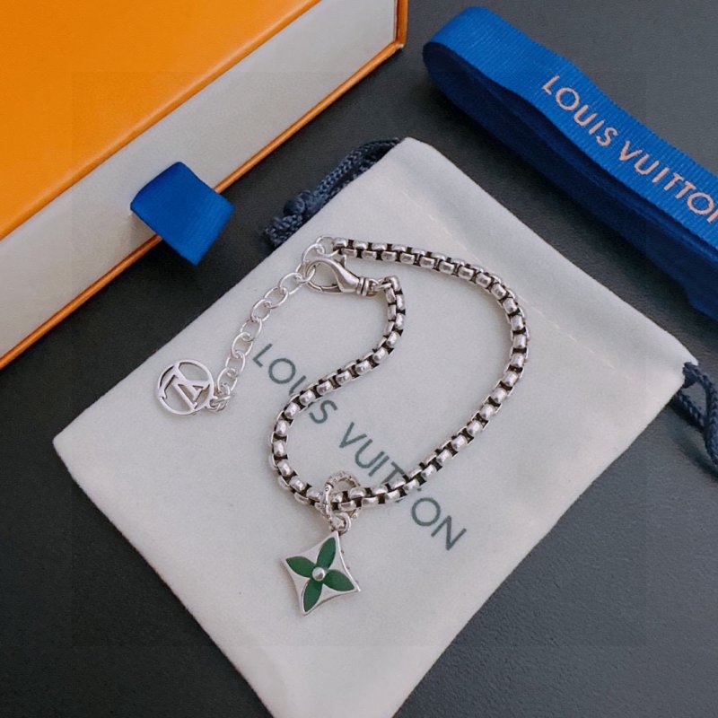 Louis Vuitton UA LV Monogram Silver Chain Bracelet with Green Pendant