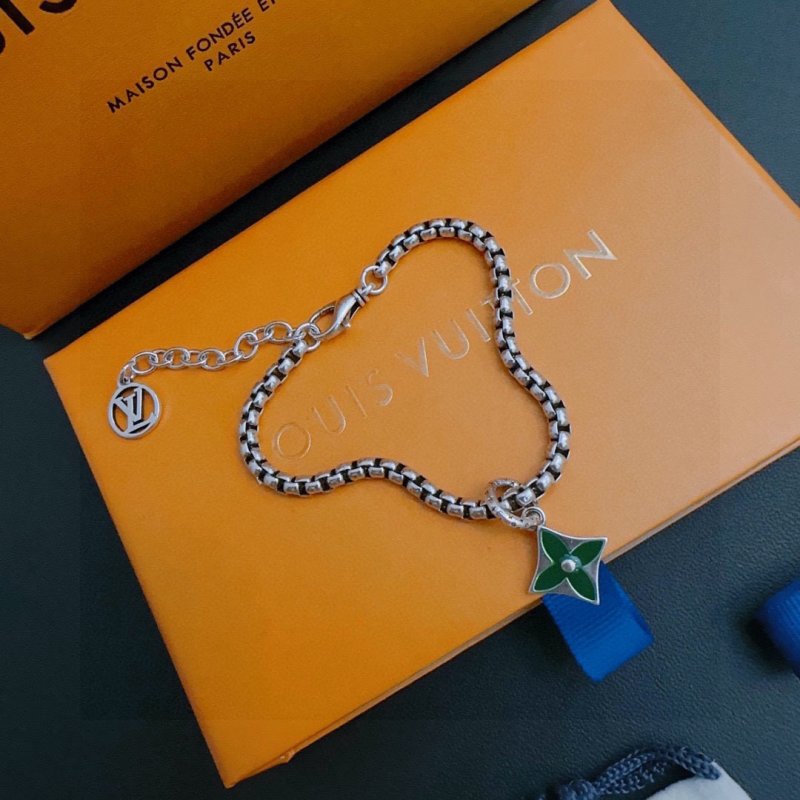 Louis Vuitton UA LV Monogram Silver Chain Bracelet with Green Pendant view
