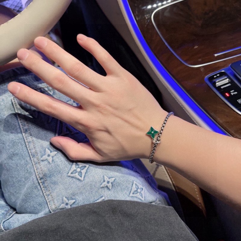 Louis Vuitton UA LV Monogram Silver Chain Bracelet with Green Pendant view