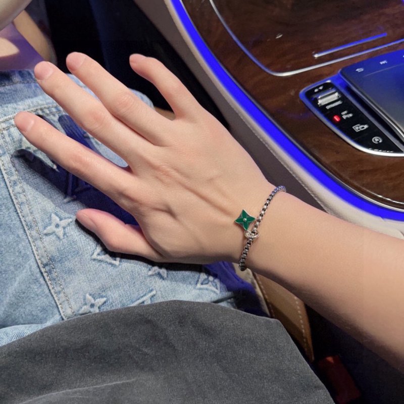 Louis Vuitton UA LV Monogram Silver Chain Bracelet with Green Pendant view