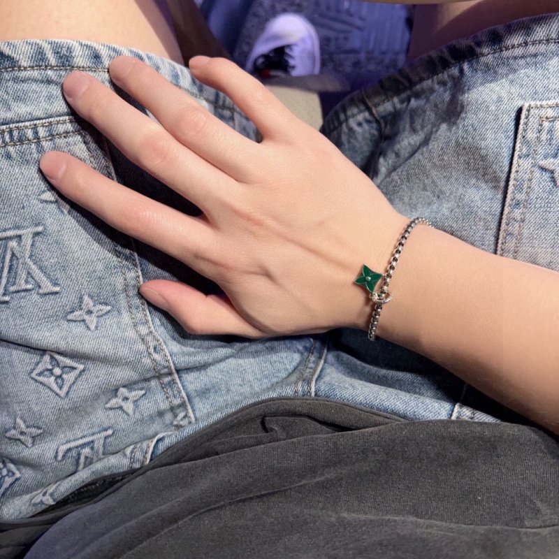 Louis Vuitton UA LV Monogram Silver Chain Bracelet with Green Pendant view